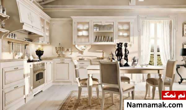 مدل کابینت سفید و طلایی برای آشپزخانه 