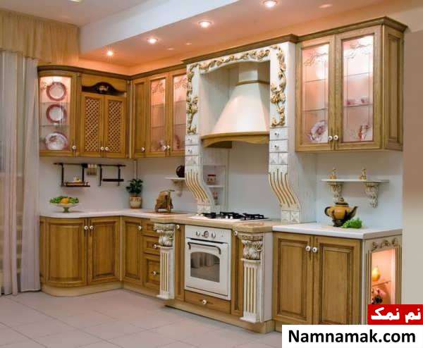 مدل کابینت سفید طلایی برای آشپزخانه مدرن 