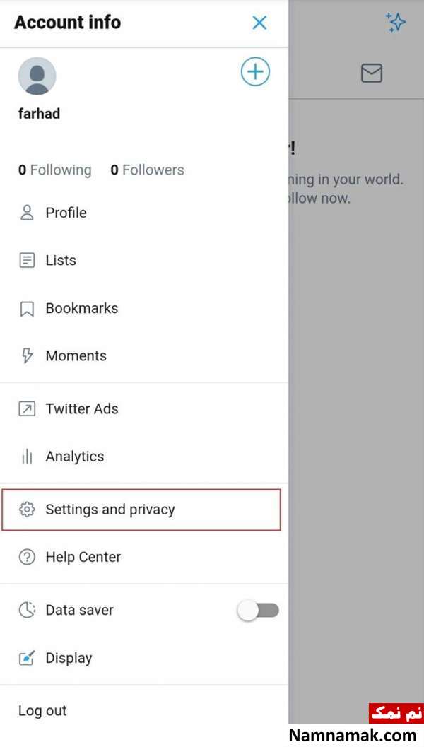 انتخاب گزینه Settings and privacy برای دیلیت اکانت توییتر