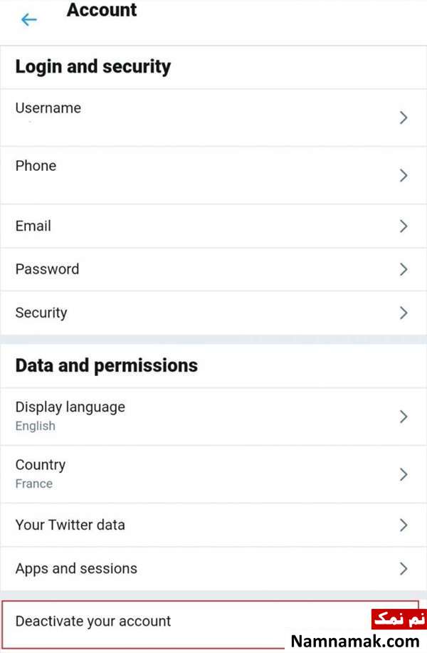 انتخاب گزینه Deactivate your account برای دیلیت اکانت توییتر