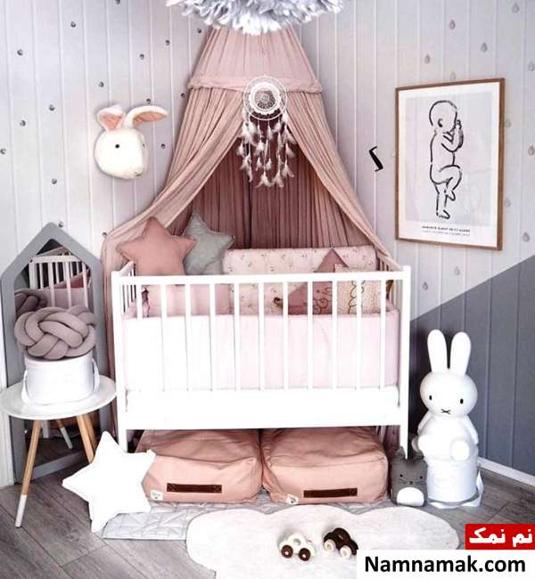 اتاق طوسی صورتی نوزاد دکوراسیون اتاق کودک طوسی و صورتی