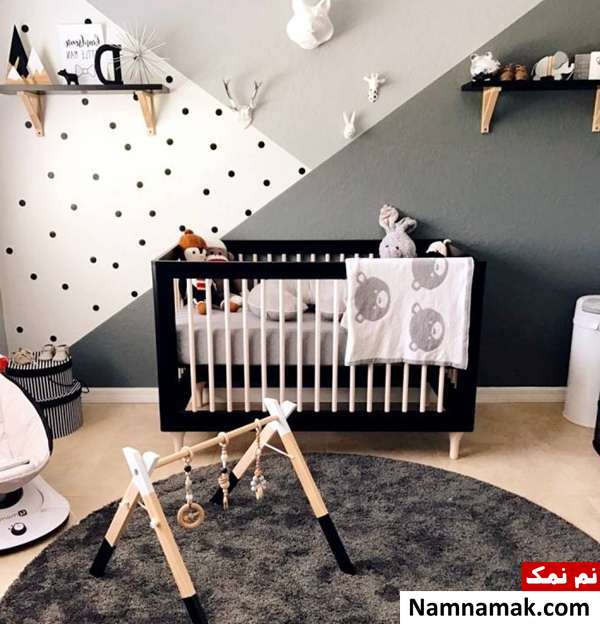 اتاق خاکستری و سیاه و سفید دکوراسیون اتاق خواب کودک طوسی با سفید و سیاه