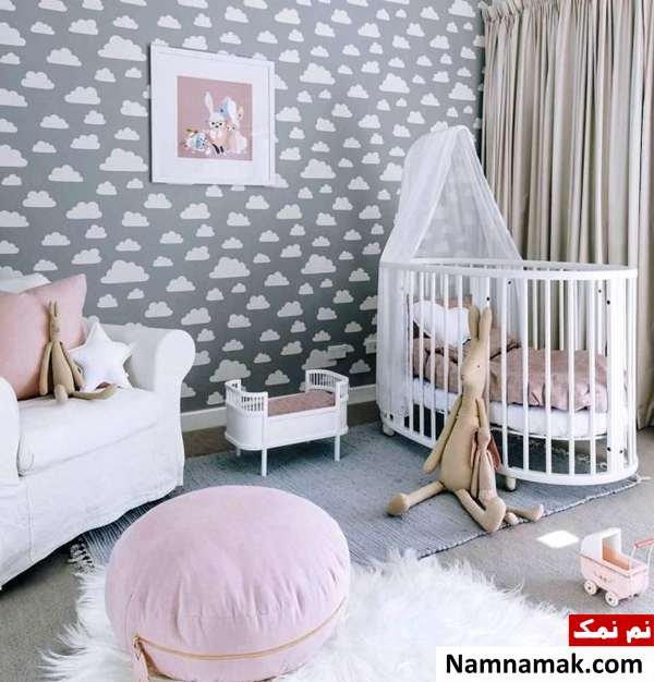 اتاق خاکستری و صورتی دکوراسیون داخلی اتاق خواب نوزاد با طوسی و صورتی