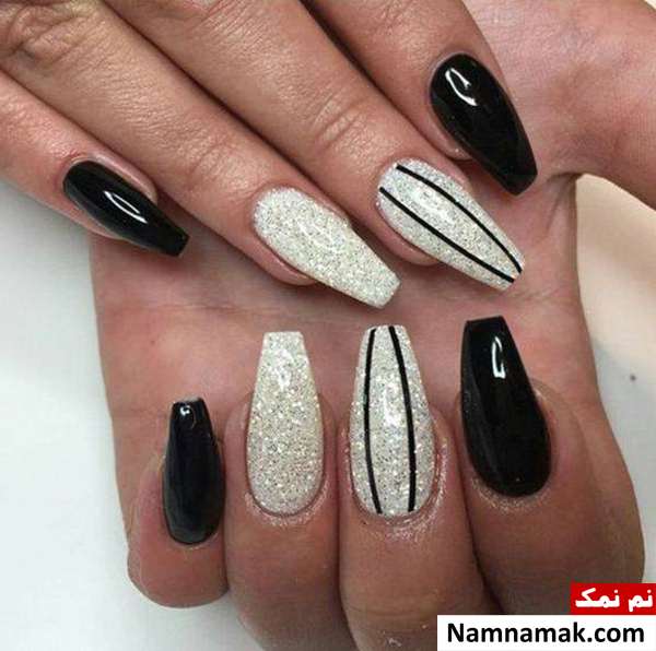 طراحی ناخن با لاک سفید اکلیلی و مشکی