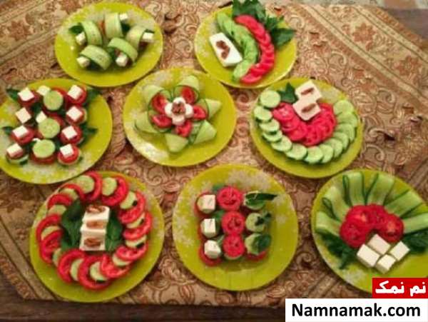 تزیین گوجه و خیار و پنیر ساده و مجلسی