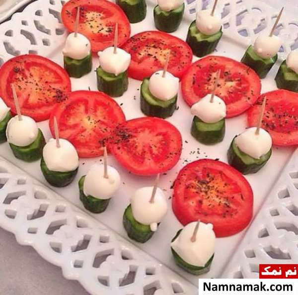 تزیین گوجه و خیار و پنیر ساده و مجلسی