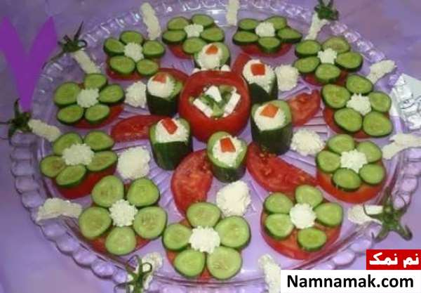 تزیین گوجه و خیار و پنیر ساده و مجلسی
