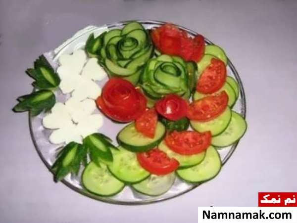 تزیین گوجه و خیار و پنیر ساده و مجلسی