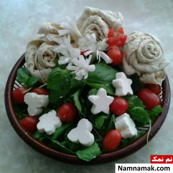 تزیین گوجه و خیار و پنیر ساده و مجلسی