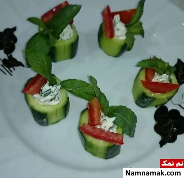 تزیین گوجه و خیار و پنیر ساده و مجلسی