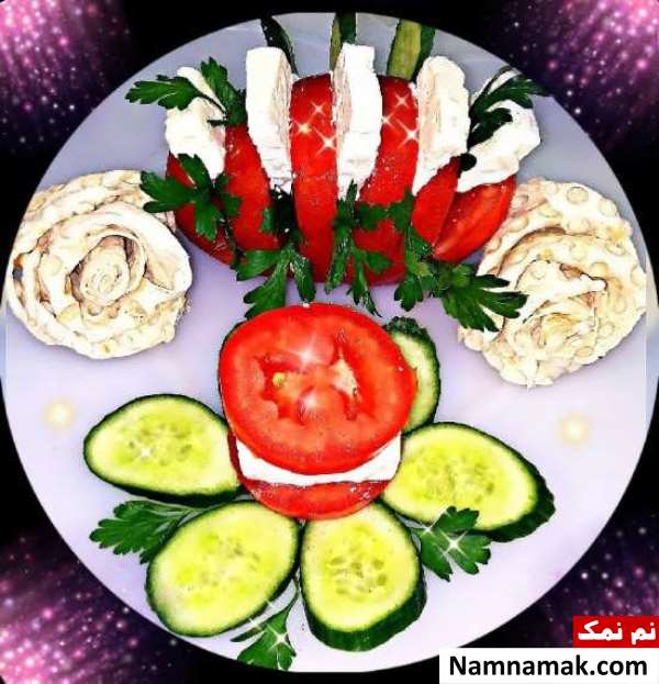 تزیین گوجه و خیار و پنیر ساده و مجلسی