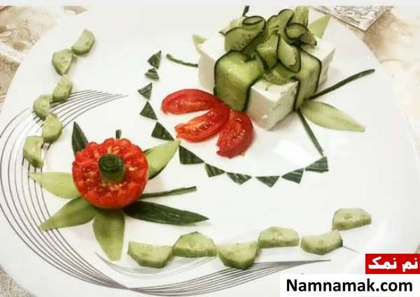 تزیین گوجه و خیار و پنیر ساده و مجلسی