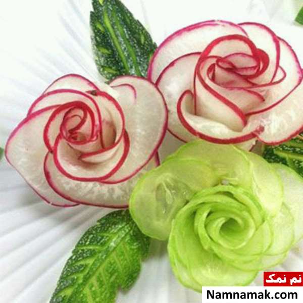 آموزش تصویری تزیین خیار و گوجه به شکل گل