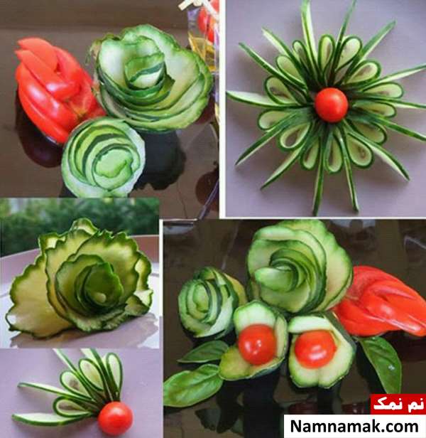آموزش تصویری تزیین خیار و گوجه به شکل گل
