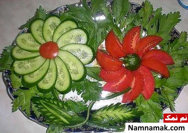 آموزش تصویری تزیین خیار و گوجه به شکل گل