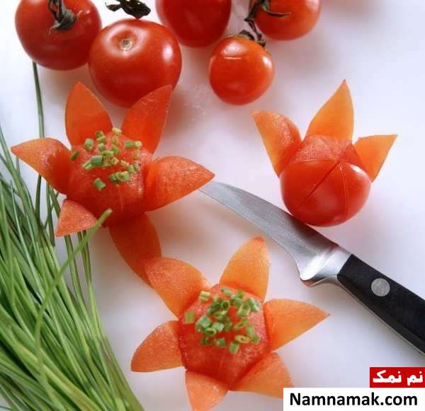 تزیین خیار و گوجه به شکل گل