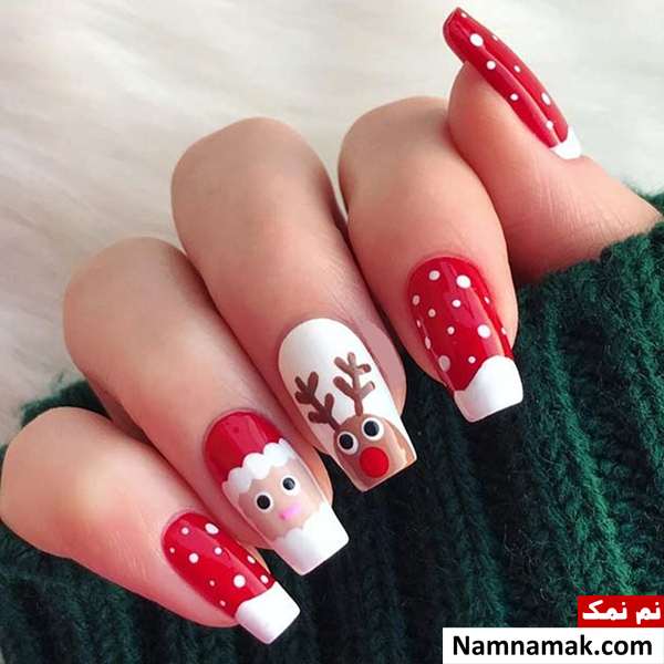 طراحی ناخن با مدل گوزن و دانه های برف