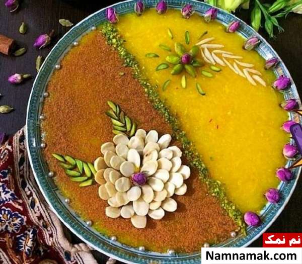 تزیین شله زرد با پودر پسته