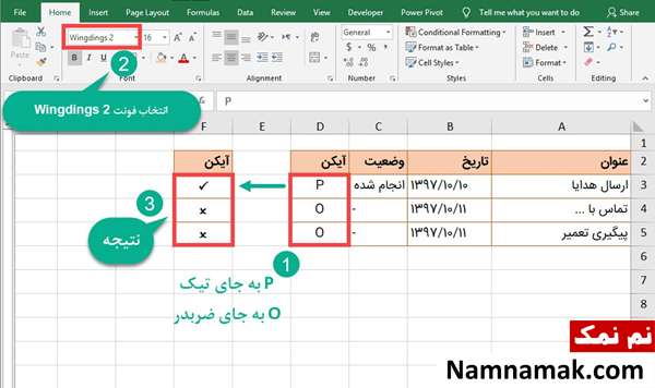 تایپ علامت تیک و ضربدر