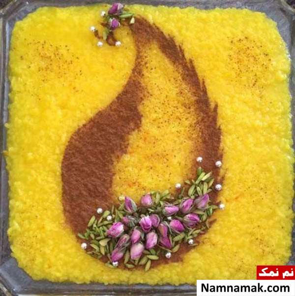 تزیین شله زرد با دارچین و بادام