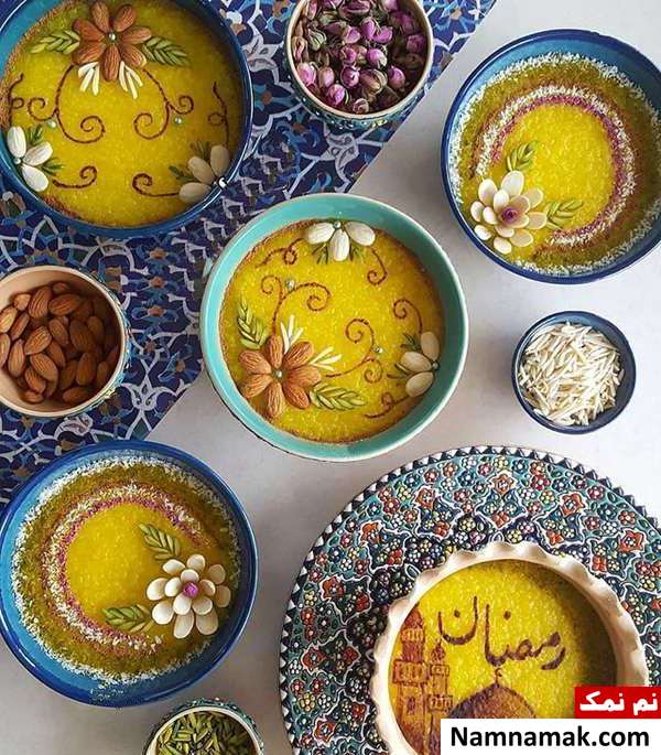 تزیین شله زرد با گل محمدی ، پودر نارگیل و دارچین