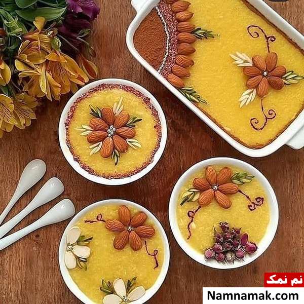 تزیین شله زرد با گل محمدی ، پودر نارگیل و دارچین
