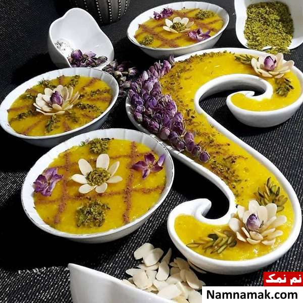 تزیین شله زرد با گل محمدی ، پودر نارگیل و دارچین