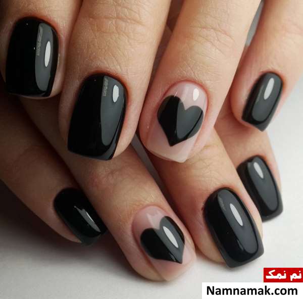 طرح ناخن قلب مشکی ساده و شیک