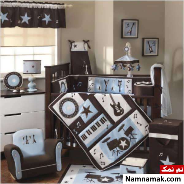 دکوراسیون کرم و قهوه ای اتاق نوزاد پسر 