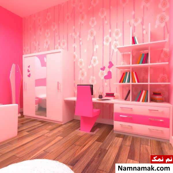 طراحی دکوراسیون صورتی اتاق خواب دخترانه 
