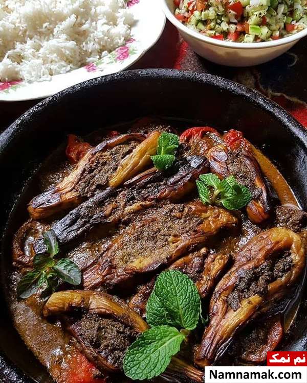 طرز تهیه بادمجان شکم پر شمالی بدون گوشت با گردو و رب انار