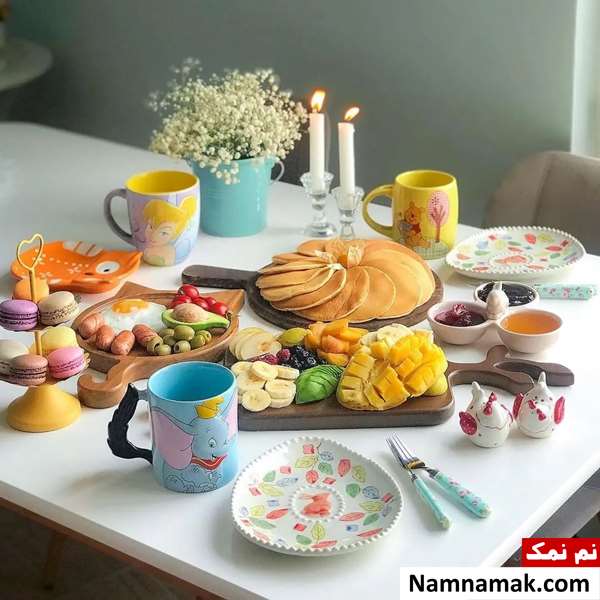 چیدمان میز صبحانه شیک و لاکچری دونفره