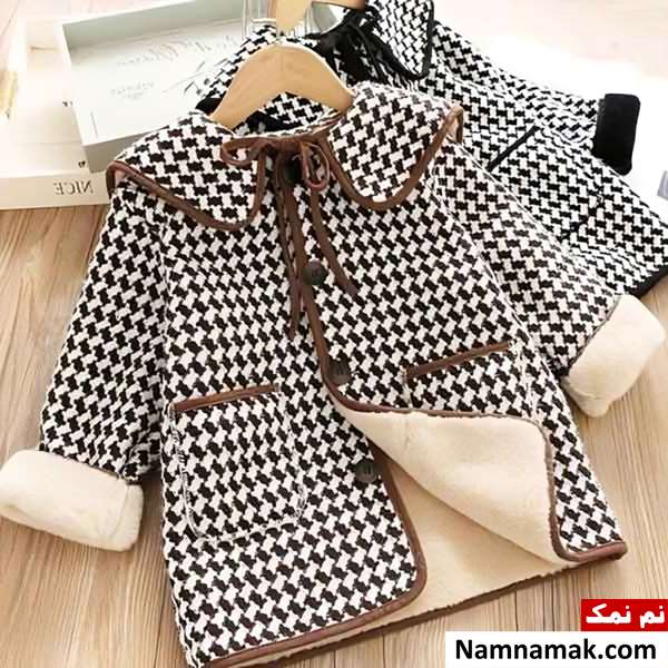 مدل پالتو بچه گانه دخترانه پشمی ، چهارخانه و کلاه دار