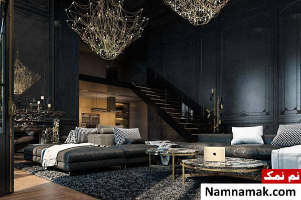 دکوراسیون اتاق پذیرایی با تم تیره