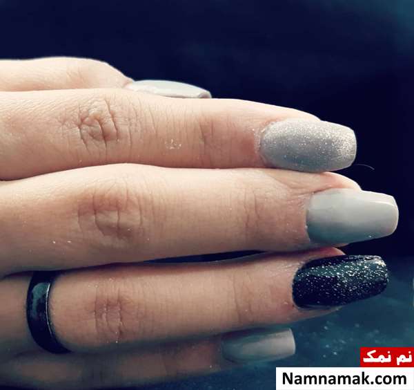 مدل ناخن طوسی مشکی براق و مات با دیزاین شیک