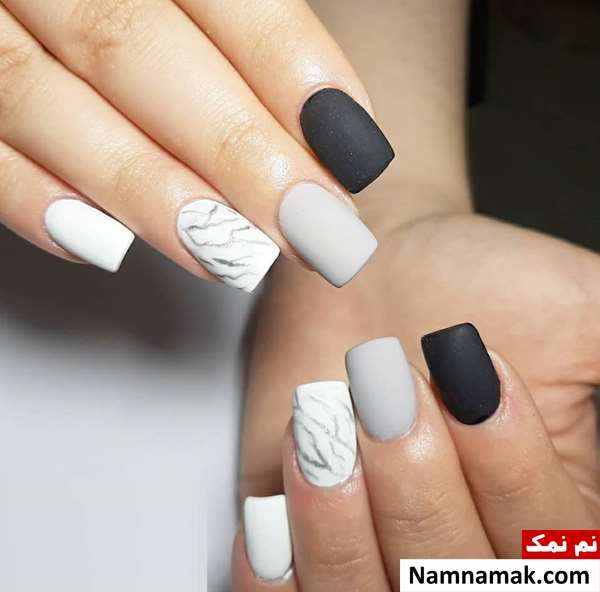 مدل ناخن طوسی مشکی براق و مات با دیزاین شیک