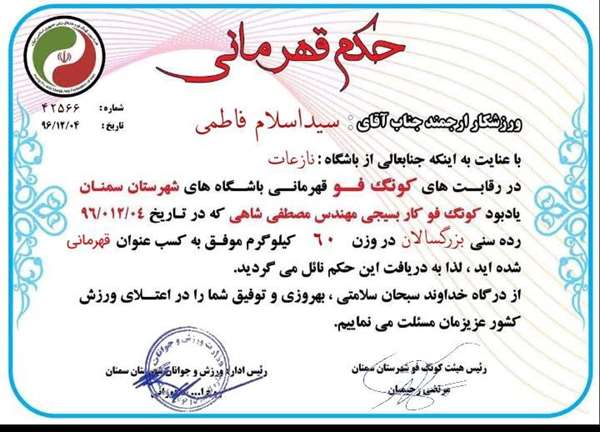زندگینامه سیداسلام فاطمی قهرمان وزن 60کیلوگرم مسابقات کونگ فو