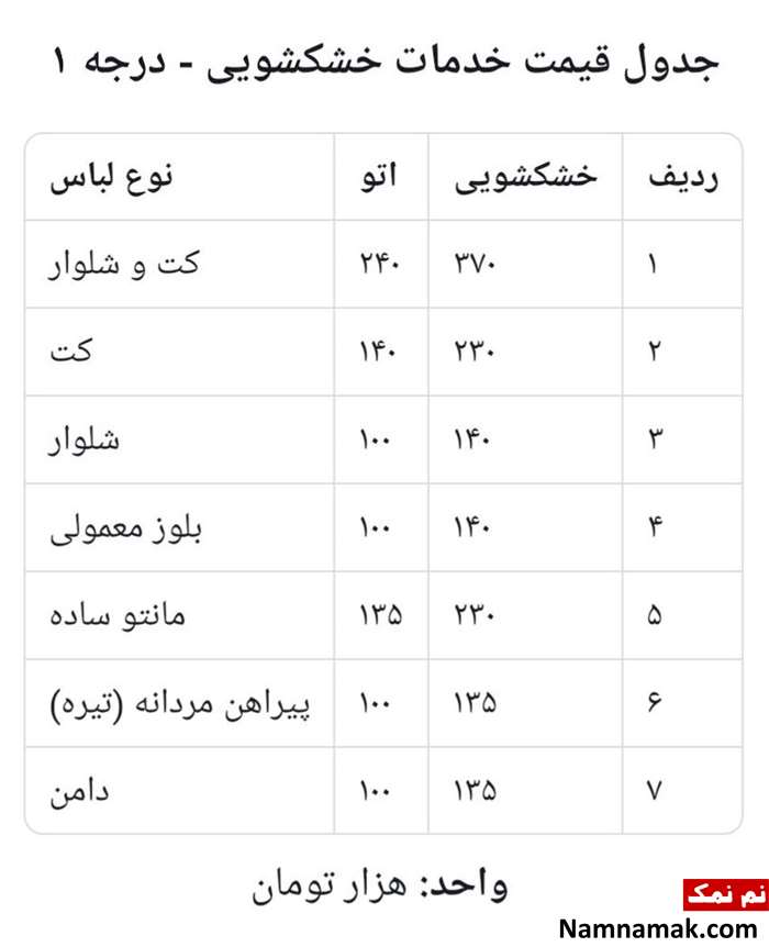 نرخ خشکشویی