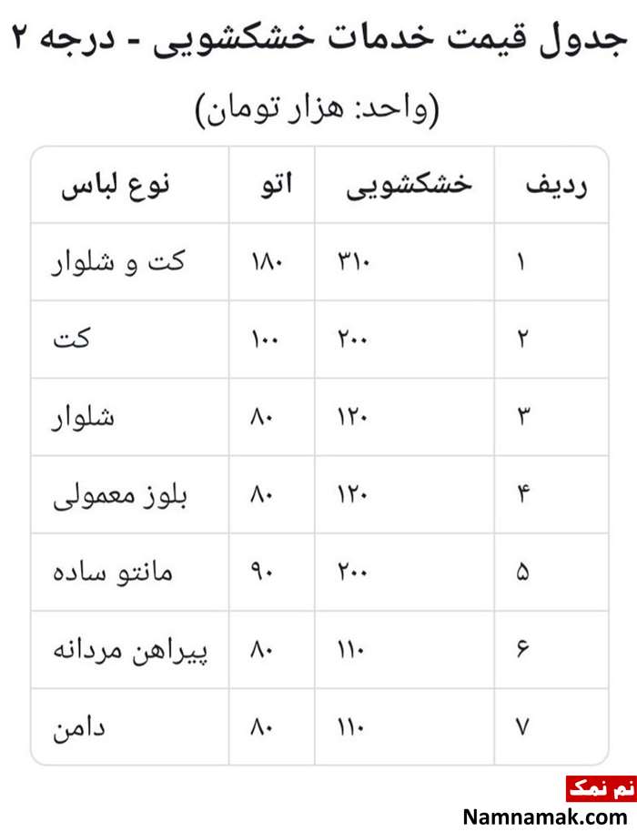 نرخ خشکشویی