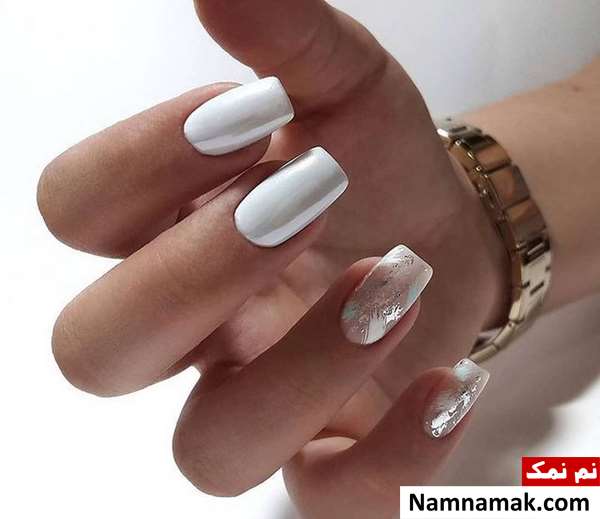 طراحی ناخن عروس سفید ساده و اکلیلی