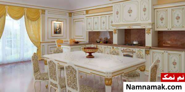 دکوراسیون سفید و طلایی آشپزخانه 