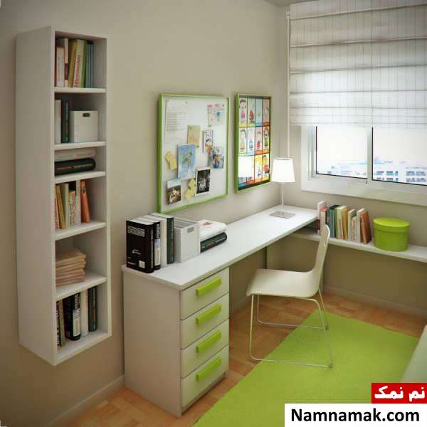 چیدمان اتاق مطالعه با تم سبز