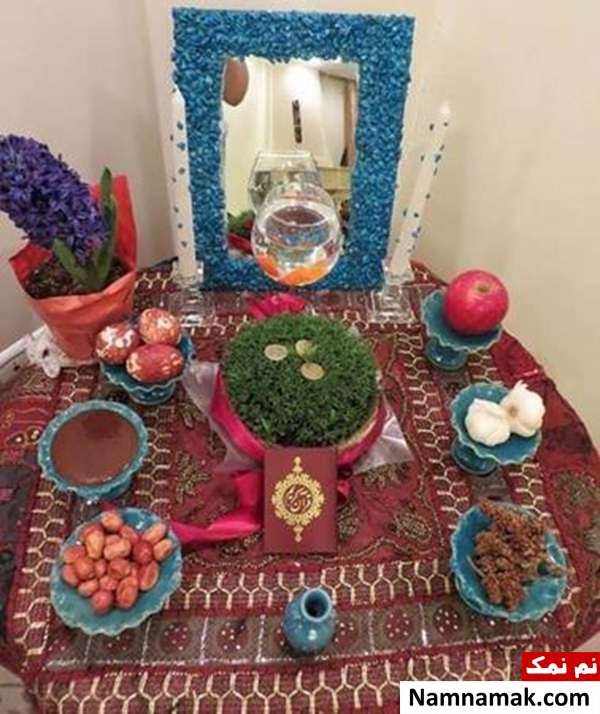 تزیین و چیدمان مدرن سفره هفت سین با جام و وسایل شیک
