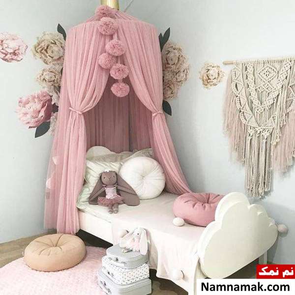 تخت خواب صورتی و سفید دخترانه