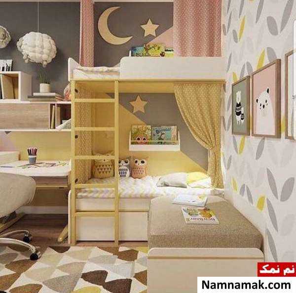 تزیین دیوار زرد تخت خواب زرد رنگ بچه گانه