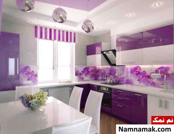 آشپزخانه با کابینت بنفش سفید