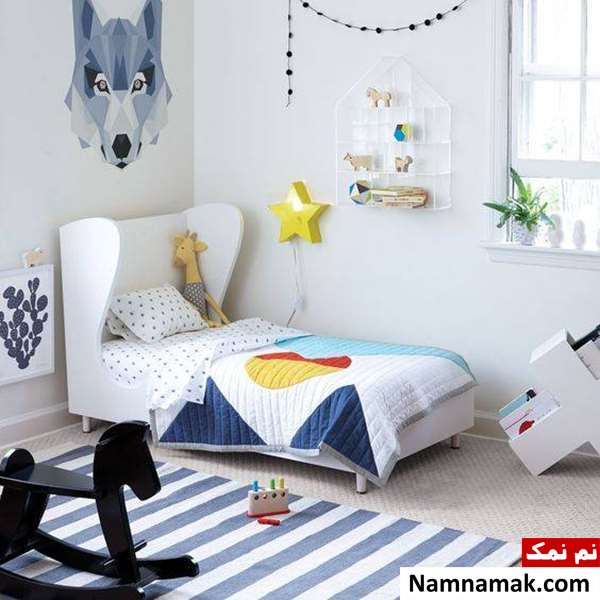اتاق خواب آبی و سفید پسرانه