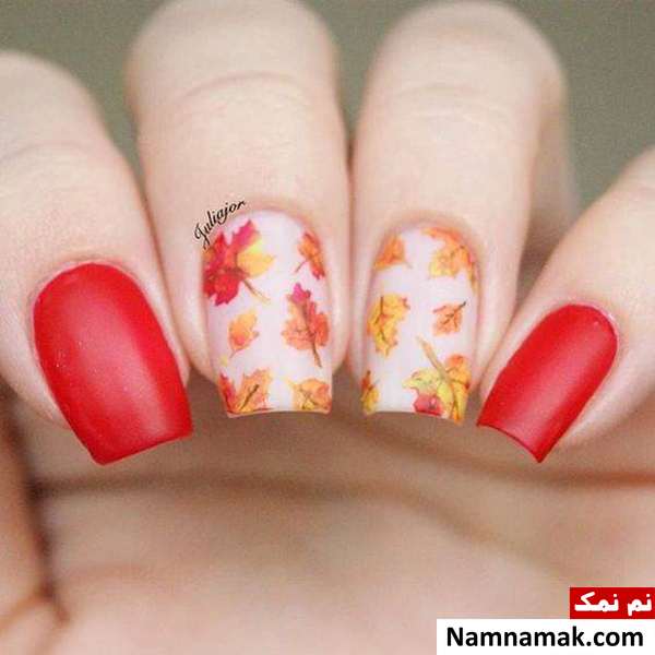 طراحی ناخن پاییزی با لاک قرمز