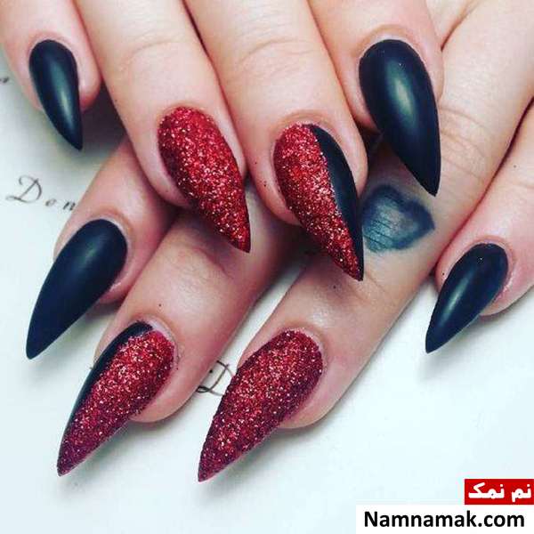 طراحی ناخن قرمز و مشکی طراحی ناخن با لاک مشکی مات و قرمز اکلیلی