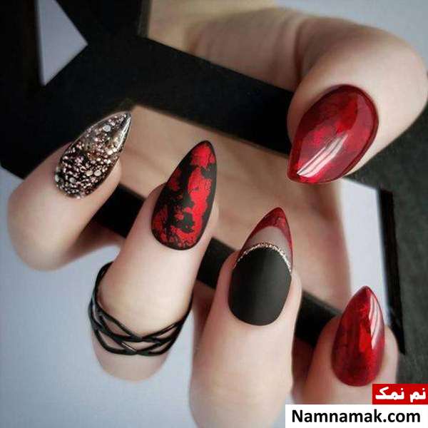 مدل کاشت ناخن نوک تیز ناخن های زیبا با لاک قرمز و مشکی